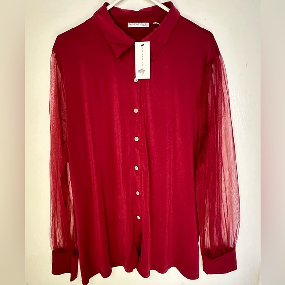 Notations Red Sheer Button-Down Shirt - Picture 1 of 5